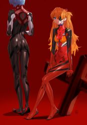 2016 2girls ass asuka_langley_sohryu back blue_eyes blue_hair bodysuit breasts clothing eyepatch female female_only fully_clothed hair_ornament human legs light-skinned_female light_skin long_hair neon_genesis_evangelion orange_hair pale-skinned_female pale_skin rebuild_of_evangelion rei_ayanami shiny_clothes short_hair sitting small_breasts yang-do yd_(orange_maru)