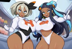 2girls ai_generated alternate_breast_size bea_(pokemon) corrupted corruption curvy dark-skinned_female dark_skin enemy_conversion female female_only human large_breasts multiple_girls nessa_(pokemon) novelai pokemon pokemon_ss team_rocket team_rocket_uniform thick_thighs wide_hips