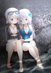 2girls abutomato barefoot blue_eyes feet female female_focus female_only human izumi_kanagi magia_record:_mahou_shoujo_madoka_magica_gaiden mahou_shoujo_madoka_magica puella_magi_madoka_magica short_hair silver_hair swimsuit water white_hair white_skin yakumo_mitama yuri