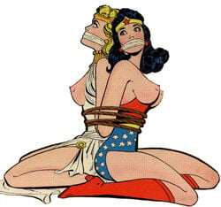 amazon back_to_back bondage boots breasts clothing dc_comics female female_only femsub gag gagged hippolyta human leotard pale_skin queen queen_hippolyta rope sitting tagme tied_up wonder_woman wonder_woman_(series)