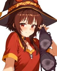 ai_generated black_hair bra holding_bra kono_subarashii_sekai_ni_shukufuku_wo! light-skinned_female light_skin looking_at_viewer megumin red_eyes short_hair small_breasts smiling solo_female witch_hat