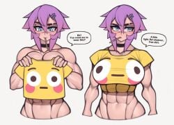 1girls abs bare_arms bare_shoulders big_breasts blue_eyes clothed clothing color english_text female female_focus female_only fit_female hi_res large_breasts light-skinned_female light_skin looking_at_viewer maya_(roadi3) muscles muscular muscular_arms muscular_female original_character purple_hair roadi3 shirt short_hair solo solo_female tagme text text_bubble thick_thighs tomboy