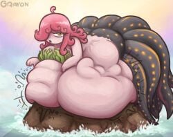 3girls belly_bigger_than_body belly_bigger_than_head belly_deformation big_breasts bigger_female black_tentacles breasts female female_only female_pred grayoncrayon hyper_belly laying_down laying_on_belly laying_on_stomach mermaid mermaid_girl mermaid_tail multiple_girls ocean ocean_background octopus octopus_humanoid octopus_tentacle part_3 pink_hair pink_skin rock stomach_deformation stomach_noises struggling_prey tagme tentacle vore vore_belly voreception water_creature yellow_eyes