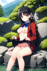 ai_generated black_hair bottomless breasts classroom_of_the_elite horikita_suzune lifted_by_self lifting_skirt long_hair looking_at_viewer medium_breasts nekom14 nipples no_bra no_panties open_jacket pussy skirt_up uncensored