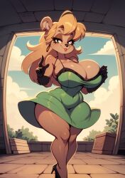 1girls ai_generated anthro anthro_only basketmuffin big_breasts breasts clothed clothing curvy dress female female_only footwear furry furry_only gloves green_dress heels hi_res high_heels julie_bruin solo solo_female thick_thighs tight_clothing tiny_toon_adventures voluptuous warner_brothers wide_hips