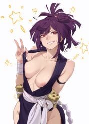 1girls armband bandages bare_arms bare_shoulders breasts breasts_out center_opening clothes_lift feguimel female hip_vent japanese_clothes jigokuraku kunoichi large_breasts ninja nipples no_bra peace_sign ponytail presenting presenting_breasts purple_hair red_eyes robe sleeveless smile solo yuzuriha_(jigokuraku)