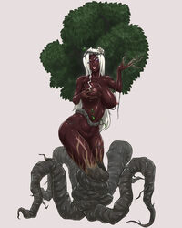 big_breasts breast_grab breasts dark-skinned_female dark_skin dryad female hair human_being_bizarre lipstick monster monster_girl plant purple_eyes pussy solo tree white_hair