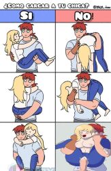 adventure_time barefoot big_ass big_breasts big_butt big_penis blush carrying_partner couple cum_inside eyaculation fionna_and_cake fionna_campbell fionna_the_human_girl hunter_wizard huntress_wizard legs_around_partner meme_reference omegart55 penetration smile spanish_text