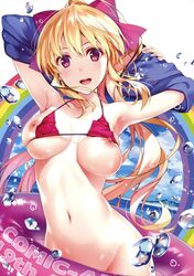 :d ;d absurdres ahoge armpits arms_up bare_shoulders bikini_lift bikini_top blonde_hair bottomless breasts comic_aun deep_skin female highres innertube large_breasts long_hair looking_at_viewer misaki_kurehito mizuhara_erika navel nipple_slip nipples one_eye_closed open_mouth ponytail purple_eyes scan shiny shiny_skin skindentation smile solo string_bikini swimsuit wardrobe_malfunction water_drop