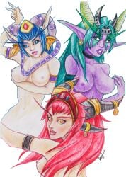 3girls alexstrasza blizzard_entertainment blue_hair green_hair light-skinned_female light_skin multiple_girls purple_skin red_hair roghka tarecgosa warcraft world_of_warcraft ysera