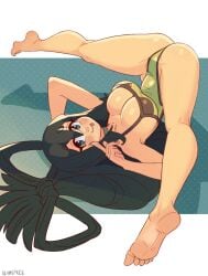 2023 barefoot blush breasts cleavage feet female female_focus female_only green_background green_eyes green_hair green_swimsuit klimspree long_hair my_hero_academia one-piece_swimsuit thighs tied_hair tongue tongue_out tsuyu_asui upside-down upside-down_splits white_background