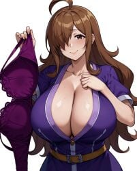 ai_generated blush bra brown_eyes brown_hair g-cup gigantic_breasts hair_over_one_eye holding_bra huge_bra huge_breasts kono_subarashii_sekai_ni_shukufuku_wo! light-skinned_female light_skin long_hair looking_at_viewer massive_breasts mature_female milf mommy smiling solo_female very_long_hair voluptuous voluptuous_female wiz_(konosuba)