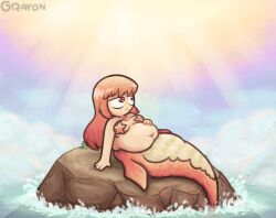 1girls 4_fingers before_vore chubby chubby_female female_only grayoncrayon hand_on_belly hand_on_stomach light-skinned_female light_skin medium_breasts mermaid mermaid_girl mermaid_tail mostly_nude ocean ocean_background on_rock part_1 pre_vore red_body red_eyes red_hair red_tail rock tagme vore voreception water_creature