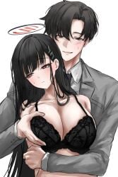 1boy 1girls absurd_res at_congju big_breasts black_bra black_hair blue_archive blush bra breast_grab cleavage closed_eyes collarbone grabbing_from_behind hairpin halo highres large_breasts lingerie long_sleeves looking_away nervous pale-skinned_female pale-skinned_male pale_skin red_eyes rio_(blue_archive) sensei_(blue_archive) sensei_(blue_archive_the_animation) shy simple_background suit topless underwear white_background