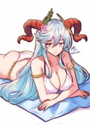 1girls alternate_costume armlet artist_name ass ass_cleavage big_ass bikini breasts butt_crack female female_only fire_emblem fire_emblem_heroes flower freyja_(fire_emblem) freyja_(summer)_(fire_emblem) goat_horns hair_flower hair_ornament highres horns large_breasts long_hair looking_at_viewer lying nintendo on_stomach red_eyes rotomdocs solo swimsuit towel white_bikini white_hair white_swimsuit