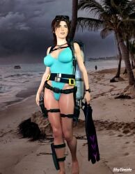 1girls 3d beach blue_one-piece_swimsuit brown_hair highleg_swimsuit lara_croft lara_croft_(survivor) one-piece_swimsuit shytimide tomb_raider tomb_raider_(survivor)