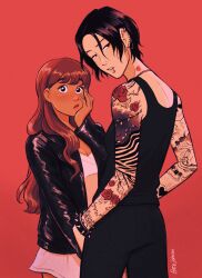 2d 2d_(artwork) 2girls black_hair black_pants black_tank_top blush brown_hair brown_skin butch ear_piercing glamour goth goth_girl heartstrings_(series) isidora_velasco_(heartstrings) leather_jacket lipstick lipstick_mark lipstick_on_neck long_hair looking_at_viewer masculine masculine_female no_nude pierced_ears pierced_lip piercings punk punk_girl ro_cambria_(heartstrings) short_hair size_difference spice_aisle tank_top tattooed_arm tattoos white_skin yuri