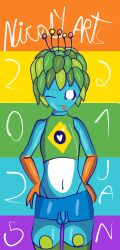 1boy 2016_rio_olympics 2025 antennae antennae_(anatomy) blue_skin brazil brazilian_flag brazilian_male colorful_background femboy feminine_male green_hair leaf_hair looking_at_viewer low_quality mascot nicolyarts olympic_mascot olympics panties penis_visible_through_clothing small_penis tom_(mascot) tom_e_muito_gay tongue twink