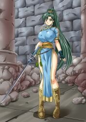 1girls boots breasts covered_nipples dress earrings female female_only fingerless_gloves fire_emblem fire_emblem:_the_blazing_blade full_body gloves green_eyes green_hair indoors large_breasts long_hair looking_at_viewer lyn_(fire_emblem) nao_takami nintendo pelvic_curtain pillar ponytail short_sleeves smile solo standing sword very_long_hair weapon