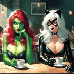 2girls ai_generated big_breasts black_cat_(marvel) breasts cleavage cleavage_overflow dc dc_comics felicia_hardy female female_only large_breasts marvel pamela_isley poison_ivy red_hair white_hair