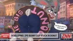 2024 angry anthro ass big_ass blush disney doughnut english_text female foofyscoop judy_hopps lagomorph leporid mammal open_mouth purple_eyes rabbit solo stuck sweat tail text zootopia