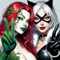 2girls ai_generated black_cat_(marvel) cleavage cleavage_overflow dc dc_comics elbow_gloves eyelashes felicia_hardy female female_only green_eyes large_breasts lipstick long_hair looking_at_viewer makeup marvel mask pamela_isley peace_sign poison_ivy red_hair smile v v_sign white_hair