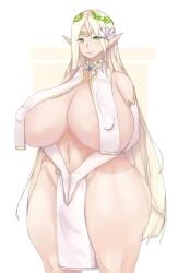 1girl 1girls 2d 2d_(artwork) 2d_artwork belly_button big_breasts big_hips big_nipples big_thighs blonde_female blonde_hair breast_curtains breasts_bigger_than_head cerestia_of_life elf elf_ears elf_female elf_girl female female_focus female_only flower flower_in_hair gloves green_eyes huge_boobs huge_breasts jutsu_(artist) last_origin long_hair mostly_nude mostly_nude_female nipple_bulge nipples_visible_through_clothing no_bra no_panties pale-skinned_female pale_skin simple_background solo solo_female solo_focus standing