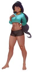 1girls abs aladdin bike_shorts black_hair black_shorts blue_crop_top breasts brown_eyes cheshirrr circlet crop_top disney earrings fit fit_female long_hair looking_at_viewer medium_breasts midriff navel princess_jasmine shorts