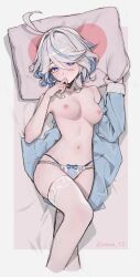 ahoge bad_source bed_sheet blue_eyes blue_hair blue_shirt blush bow bow_panties bra breasts commentary_request drop-shaped_pupils female furina_(genshin_impact) genshin_impact grey_hair head_on_pillow heart heart_print highres looking_at_viewer lying medium_breasts multicolored_hair multiple_views navel nude panties shirt short_hair solo_female sooon stomach symbol-shaped_pupils thighhighs underwear white_bra white_thighhighs