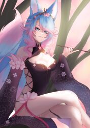 1girls black_kimono blue_eyes blue_hair breasts crossed_legs detached_sleeves floral_print hip_vent holding_smoking_pipe indie_virtual_youtuber kimono large_breasts long_hair looking_at_viewer multicolored_hair pink_hair shunnn0 silvervale smoking_pipe virtual_youtuber wolf_ears wolf_girl wolf_tail