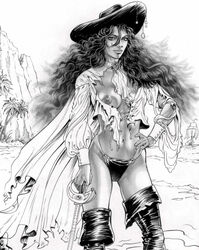 1girls anne_bonny breast_outside breasts female female_only front_view history human monochrome no_bra open_clothes open_shirt outdoors pirate real_person solo standing tagme