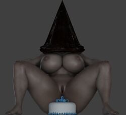 1girls 3d 3d_(artwork) alternate_version_available areolae barefoot big_breasts breasts cake completely_nude completely_nude_female female female_only female_pyramid_head full_body naked naked_female nipples nude nude_female pussy pyramid_head reeboi rule_63 silent_hill sitting solo solo_female spread_legs