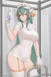 1girls breasts dragon_girl dragon_horns dress fate/grand_order fate_(series) female female_only fully_clothed garter_straps gloves green_hair holding_syringe horns kiyohime_(fate/grand_order) large_breasts long_hair looking_at_viewer needle nurse nurse_cap nurse_uniform shellvi stockings syringe thighhighs tight_clothing uniform yellow_eyes