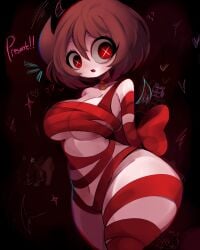 big_ass big_breasts brown_hair choker christmas colored_sketch crazy_eyes cute emi_(gazericc) gazericc light-skinned_female original_character red_eyes ribbon ribbon_bondage ribbons rox_hoxten short_hair simple_background sketch_background skimpy tagme thick_thighs