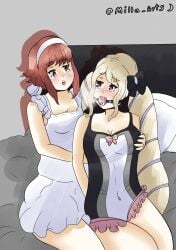 2girls alternate_costume arms_behind_back ball_gag bare_thighs bed blonde_hair bondage bound breast_grab breasts cleavage dress drooling elise_(fire_emblem) female female_only femdom femsub fire_emblem fire_emblem_fates gag groping hairband heavy_breathing indoors long_hair medium_breasts milla_arts multiple_girls nintendo official_alternate_costume on_bed one-piece_swimsuit open_mouth pink_eyes red_eyes red_hair restrained sakura_(fire_emblem) saliva saliva_trail short_hair sitting small_breasts swimsuit thighs twintails yuri