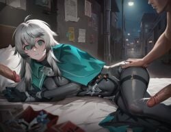 ai_generated alley aqua_eyes black_survival bodysuit dark_alley dick eternal_return:_black_survival grey_bodysuit grey_hair katja_(black_survival) long_hair long_penis looking_at_viewer looking_back night night_time penis street