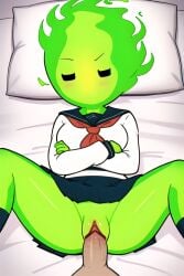 ai_generated annoyed arms_crossed bed bedroom black_socks blush breasts closed_eyes cock curvy embarrassed female fire fire_girl fuku_fire green_fire laying_down laying_on_bed legs_apart monster_girl no_mouth npc pillow pixai pov pussy school_uniform schoolgirl sex socks undertale undertale_(series) upskirt vaginal_penetration