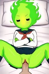 1girls ai_generated annoyed anthro arms_crossed bed bedroom black_socks blush breasts closed_eyes cock curvy embarrassed female fire fire_girl fuku_fire green_fire laying_down laying_on_bed legs_apart monster_girl no_mouth npc pillow pixai pov pussy school_uniform schoolgirl sex socks tsundere undertale undertale_(series) upskirt vaginal vaginal_penetration