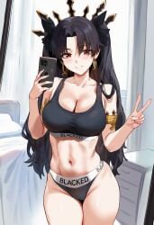 1girls ai_generated black_hair blacked blacked_clothing fate_(series) himeno indoors ishtar_(fate) looking_at_viewer medium_breasts meme_attire mirror mirror_selfie peace_sign selfie solo sports_bra v wide_hips