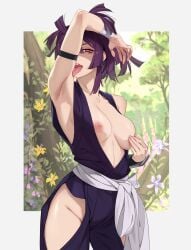 1girls 2024 2d 2d_(artwork) arm_up armpits artist_signature bare_arms big_breasts breasts breasts_out center_opening clothed exposed_chest feguimel female female_only forest forest_background hand_on_breast hip_vent human human_female human_only japanese_clothes jigokuraku kunoichi licking licking_self light-skinned_female light_skin looking_at_viewer magenta_eyes medium_breasts medium_hair mostly_clothed nature_background ninja nipples no_bra no_sex not_ai_generated outdoors outside partially_clothed ponytail powers purple_hair realistic_breast_size realistic_proportions red_eyes robe seductive seductive_look slime_(substance) solo solo_female standing sweat thigh_cutout thigh_window thighs tongue tongue_out white_border young_woman yuzuriha_(jigokuraku)