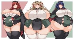 3girls arms_behind_back azur_lane beret black_panties black_thighhighs blonde_hair blue_eyes blue_hair blush bottomless breasts button_gap cleavage covered_navel epaulettes fat fat_woman garter_straps gigantic_breasts gloves gorizia_(azur_lane) hair_ribbon hairband hand_on_another's_shoulder hands_on_own_stomach hat huge_breasts italian_flag jacket jacket_on_shoulders kurokaze_no_sora long_hair medium_hair multiple_girls obese panties pola_(azur_lane) red_eyes red_hair ribbon side_ponytail sideboob sideless_shirt smile standing thick_thighs thighhighs thighs tight_clothes twintails underwear white_gloves white_thighhighs wide_hips zara_(azur_lane)