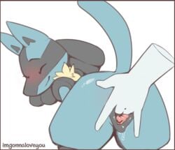 2021 ambiguous_gender animal_genitalia animal_pussy ass black_hair blue_body blue_fur blush bodily_fluids canine_pussy clitoral_fossa disembodied_hand female finger_fuck fingering fingering_partner fur genital_fluids genitals hair imgonnaloveyou lucario nintendo pokemon pokemon_(species) pussy pussy_juice simple_background solo tan_body tan_fur vaginal_penetration video_games white_background