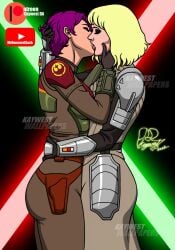 2girls armor big_butt black_eyeshadow closed_eyes clothed clothed_female clothing eyeshadow fully_clothed head_grab hugging kaywest kissing makeup mandalorian mandalorian_armor multiple_girls platinum_blonde_hair purple_hair sabine_wren shin_hati short_hair short_hair_female side_view sith source_request standing star_wars star_wars:_ahsoka vambraces waist_grab yuri