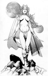 a_princess_of_mars areolae barsoom brandon_peterson breasts dejah_thoris female female_only front_view holding_object holding_weapon loincloth monochrome nipples pelvic_curtain solo tagme topless