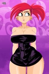 1girls alvarikokearte big_breasts black_dress black_eyes breasts cleavage dress ear_piercing earrings female female_only foster's_home_for_imaginary_friends frankie_foster hair hips huge_breasts mature mature_female red_hair short_dress solo solo_female thighs thin_waist thunder_thighs tight_dress wide_hips