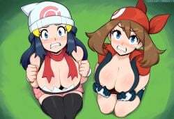 2girls afrobull_(style) ai_generated dawn_(pokemon) defeat defeated large_breasts looking_at_viewer may_(pokemon) mullon novelai pokemon pokemon_dppt pokemon_rse pov scared thick_thighs torn_clothes torn_clothing