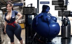 1girls ai_generated asian asian_female belly_expansion belt big_areola big_ass big_belly big_breasts big_nipples black_hair blue_hair blue_jumpsuit blue_skin blueberry_inflation breast_expansion cleavage dialogue expansion hgswells9000 inflation jumpsuit lactation light-skinned_female long_hair ponytail red_belt spherical_inflation stable_diffusion thin_waist wide_hips work_clothes work_uniform