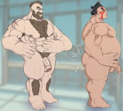 ass ass_slap balls beard big_penis buccaner98 capcom chest_hair edmond_honda face_paint facial_hair flaccid male male_only musclegut muscles muscular nude overweight penis street_fighter sumo_wrestler zangief