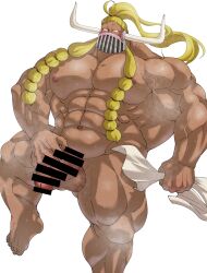1boy abs absurdres ass_visible_through_thighs bar_censor bara beard blonde_hair blush braid braided_beard censored completely_nude facial_hair flaccid highres huge_pectorals jack_(one_piece) jin_mochi_be large_horns long_beard long_hair male_focus male_only mask mouth_mask muscular muscular_male navel nipples nude one_piece solo solo_make spread_legs steaming_body strongman_waist thick_thighs thighs very_long_beard