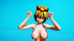 1girls 3d animated black_hair blonde_hair blue_background bouncing_breasts bunny_pose dancing hair_ornament hands_up large_breasts looking_at_viewer looping_animation mmd nipples onbasirap solo tagme toramaru_shou toramaru_shou touhou two-tone_hair video yellow_eyes